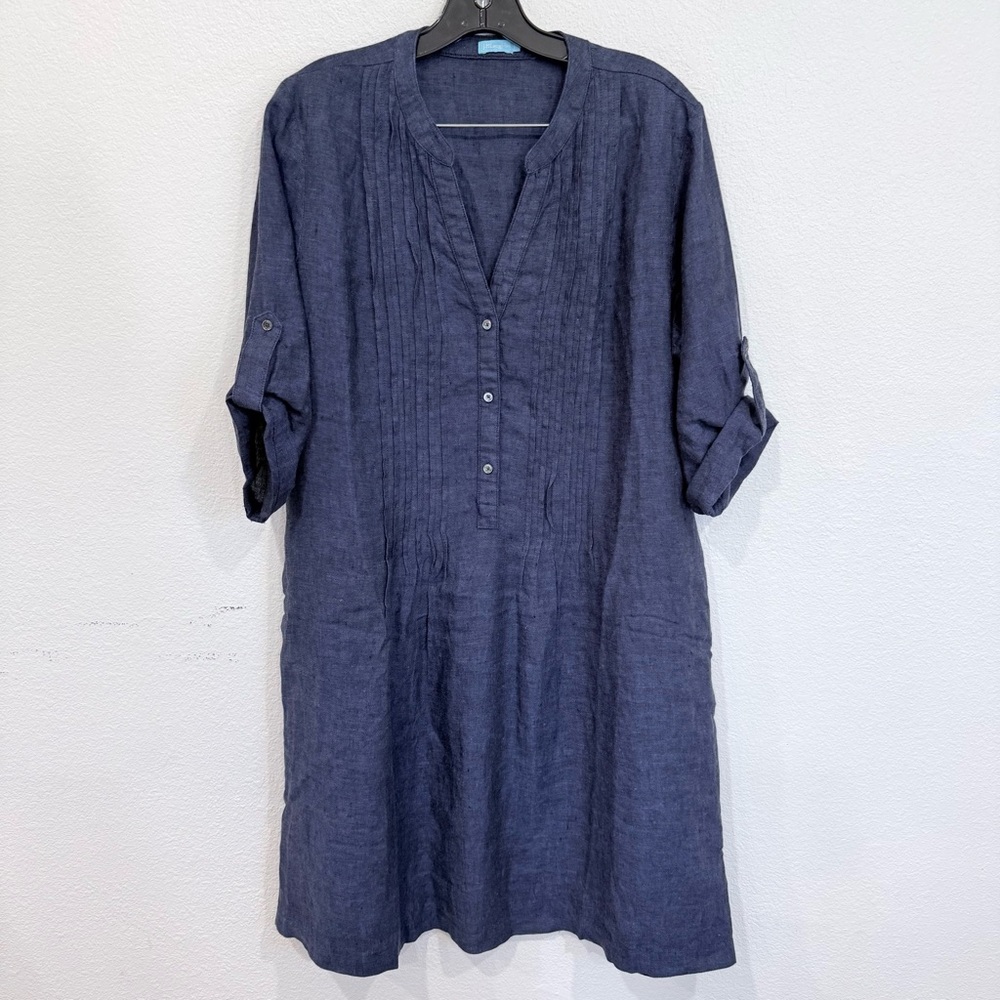 J.McLaughlin Riviera Split Neck 3/4 Roll-Tab Sleeve Pleated Linen Dress Large - Picture 2 of 4